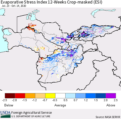 Central Asia Evaporative Stress Index (ESI), 12-Weeks over Croplands Thematic Map For 10/12/2020 - 10/18/2020