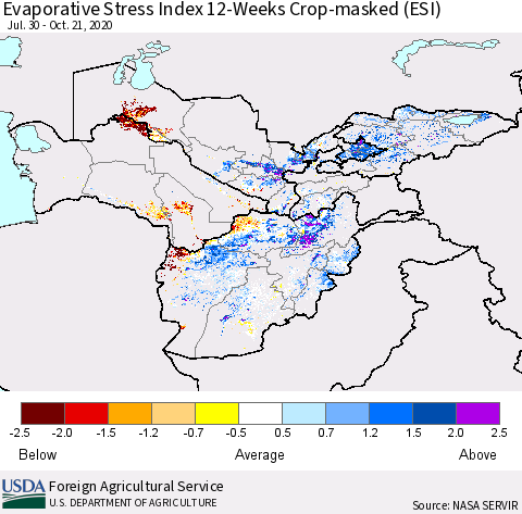 Central Asia Evaporative Stress Index (ESI), 12-Weeks over Croplands Thematic Map For 10/19/2020 - 10/25/2020