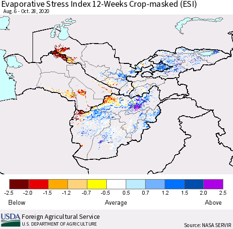 Central Asia Evaporative Stress Index (ESI), 12-Weeks over Croplands Thematic Map For 10/26/2020 - 11/1/2020