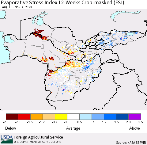 Central Asia Evaporative Stress Index (ESI), 12-Weeks over Croplands Thematic Map For 11/2/2020 - 11/8/2020