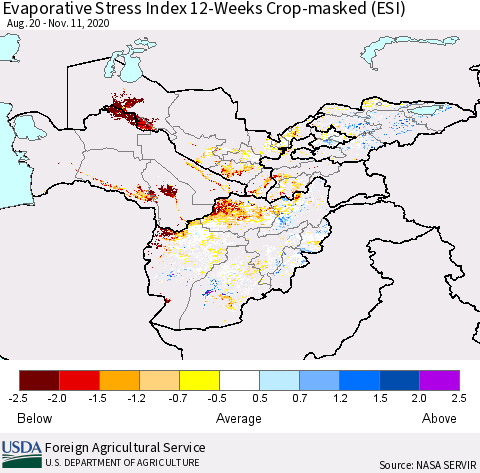 Central Asia Evaporative Stress Index (ESI), 12-Weeks over Croplands Thematic Map For 11/9/2020 - 11/15/2020