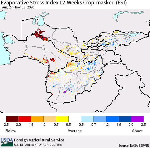 Central Asia Evaporative Stress Index (ESI), 12-Weeks over Croplands Thematic Map For 11/16/2020 - 11/22/2020
