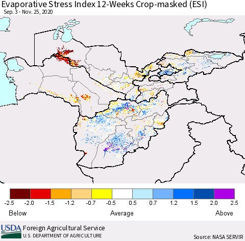 Central Asia Evaporative Stress Index (ESI), 12-Weeks over Croplands Thematic Map For 11/23/2020 - 11/29/2020