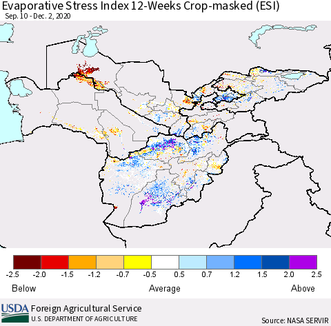Central Asia Evaporative Stress Index (ESI), 12-Weeks over Croplands Thematic Map For 11/30/2020 - 12/6/2020