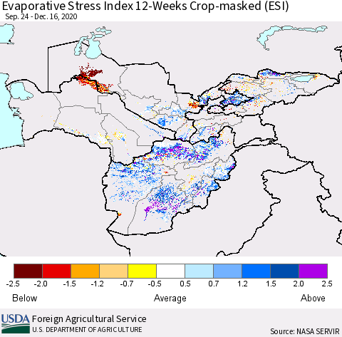 Central Asia Evaporative Stress Index (ESI), 12-Weeks over Croplands Thematic Map For 12/14/2020 - 12/20/2020