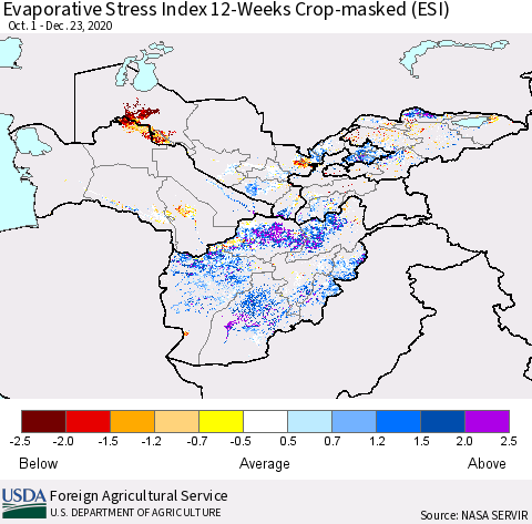 Central Asia Evaporative Stress Index (ESI), 12-Weeks over Croplands Thematic Map For 12/21/2020 - 12/27/2020