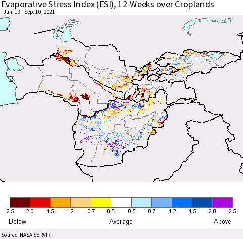 Central Asia Evaporative Stress Index (ESI), 12-Weeks over Croplands Thematic Map For 9/6/2021 - 9/12/2021