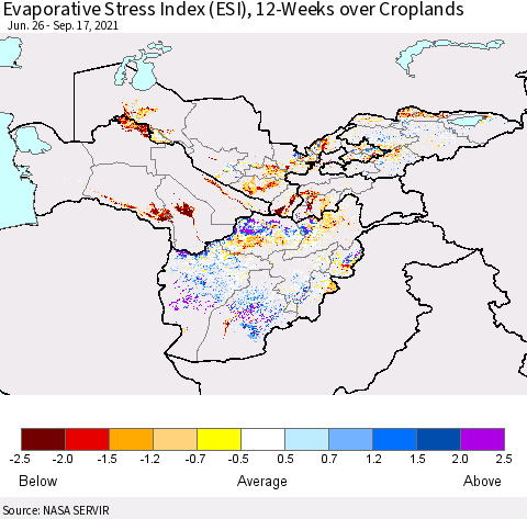 Central Asia Evaporative Stress Index (ESI), 12-Weeks over Croplands Thematic Map For 9/13/2021 - 9/19/2021