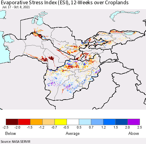 Central Asia Evaporative Stress Index (ESI), 12-Weeks over Croplands Thematic Map For 10/4/2021 - 10/10/2021
