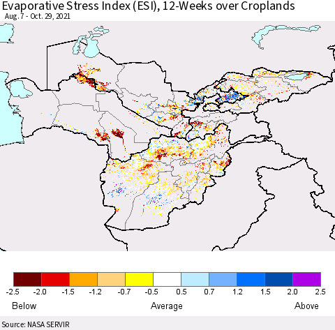 Central Asia Evaporative Stress Index (ESI), 12-Weeks over Croplands Thematic Map For 10/25/2021 - 10/31/2021
