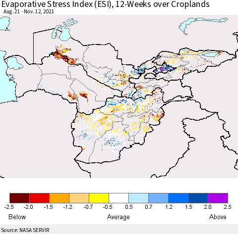 Central Asia Evaporative Stress Index (ESI), 12-Weeks over Croplands Thematic Map For 11/8/2021 - 11/14/2021
