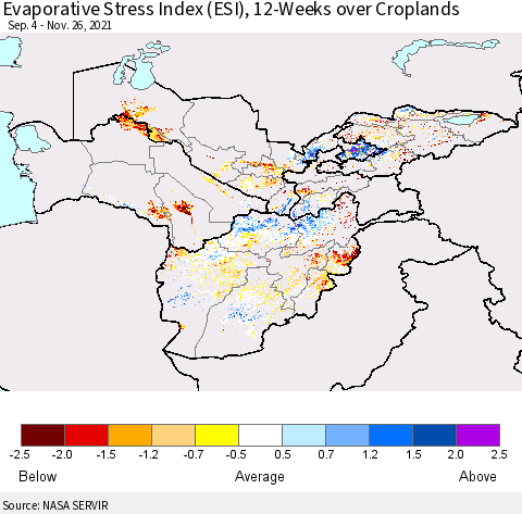 Central Asia Evaporative Stress Index (ESI), 12-Weeks over Croplands Thematic Map For 11/22/2021 - 11/28/2021