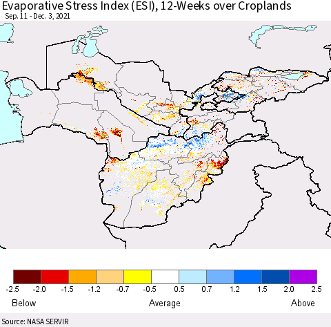 Central Asia Evaporative Stress Index (ESI), 12-Weeks over Croplands Thematic Map For 11/29/2021 - 12/5/2021