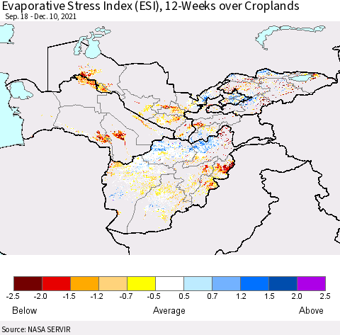 Central Asia Evaporative Stress Index (ESI), 12-Weeks over Croplands Thematic Map For 12/6/2021 - 12/12/2021