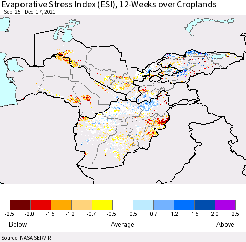 Central Asia Evaporative Stress Index (ESI), 12-Weeks over Croplands Thematic Map For 12/13/2021 - 12/19/2021