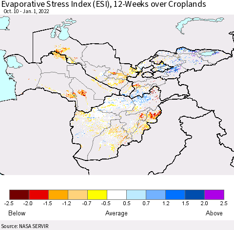 Central Asia Evaporative Stress Index (ESI), 12-Weeks over Croplands Thematic Map For 12/27/2021 - 1/2/2022