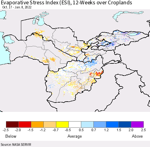 Central Asia Evaporative Stress Index (ESI), 12-Weeks over Croplands Thematic Map For 1/3/2022 - 1/9/2022