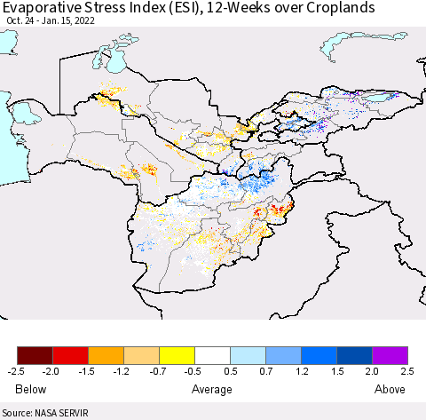 Central Asia Evaporative Stress Index (ESI), 12-Weeks over Croplands Thematic Map For 1/10/2022 - 1/16/2022