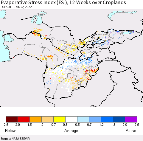 Central Asia Evaporative Stress Index (ESI), 12-Weeks over Croplands Thematic Map For 1/17/2022 - 1/23/2022