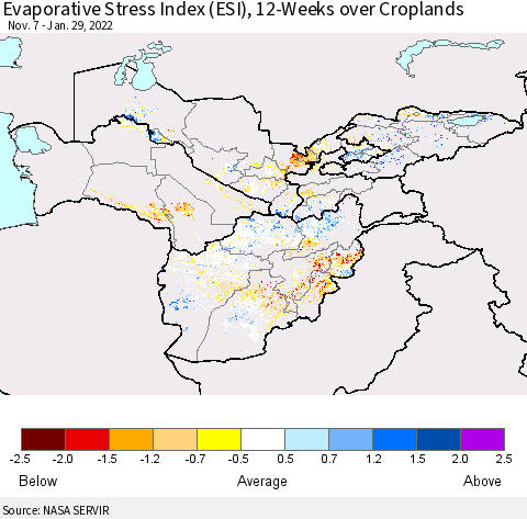 Central Asia Evaporative Stress Index (ESI), 12-Weeks over Croplands Thematic Map For 1/24/2022 - 1/30/2022