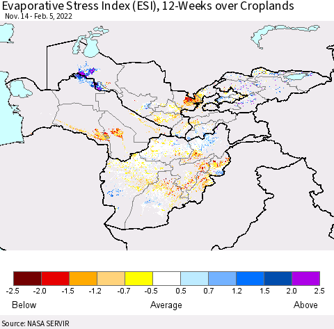 Central Asia Evaporative Stress Index (ESI), 12-Weeks over Croplands Thematic Map For 1/31/2022 - 2/6/2022