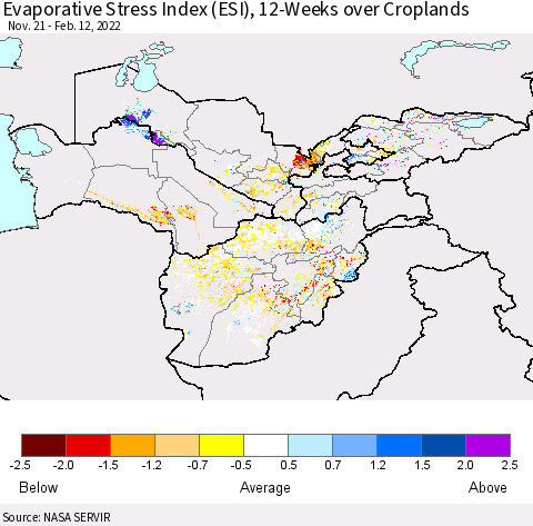 Central Asia Evaporative Stress Index (ESI), 12-Weeks over Croplands Thematic Map For 2/7/2022 - 2/13/2022