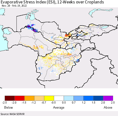 Central Asia Evaporative Stress Index (ESI), 12-Weeks over Croplands Thematic Map For 2/14/2022 - 2/20/2022