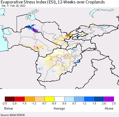 Central Asia Evaporative Stress Index (ESI), 12-Weeks over Croplands Thematic Map For 2/21/2022 - 2/27/2022