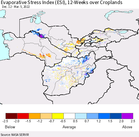 Central Asia Evaporative Stress Index (ESI), 12-Weeks over Croplands Thematic Map For 2/28/2022 - 3/6/2022