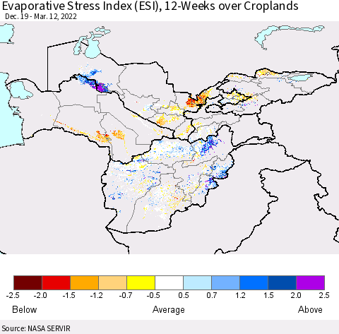 Central Asia Evaporative Stress Index (ESI), 12-Weeks over Croplands Thematic Map For 3/7/2022 - 3/13/2022