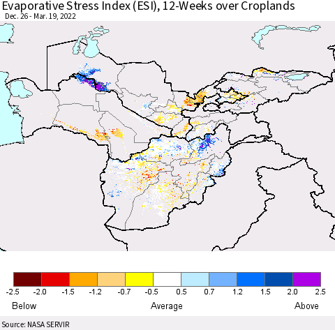 Central Asia Evaporative Stress Index (ESI), 12-Weeks over Croplands Thematic Map For 3/14/2022 - 3/20/2022