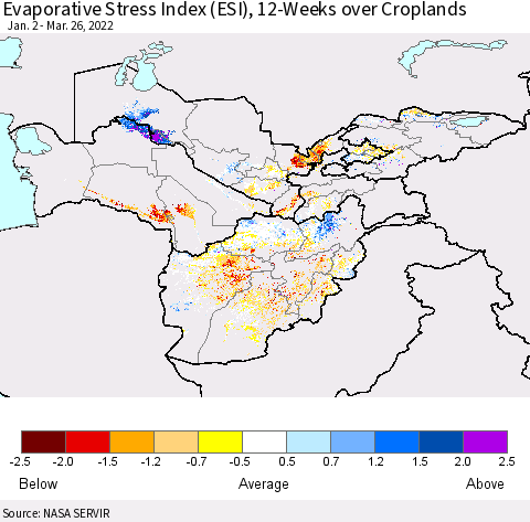 Central Asia Evaporative Stress Index (ESI), 12-Weeks over Croplands Thematic Map For 3/21/2022 - 3/27/2022