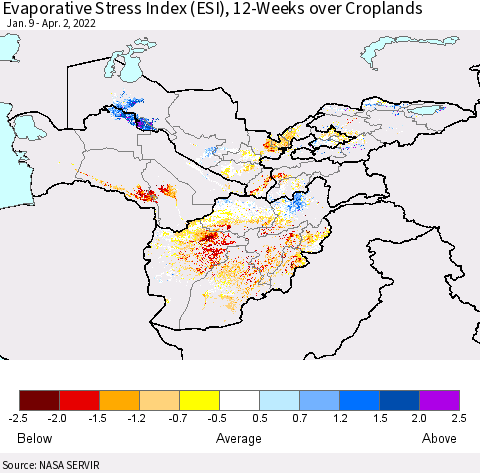 Central Asia Evaporative Stress Index (ESI), 12-Weeks over Croplands Thematic Map For 3/28/2022 - 4/3/2022