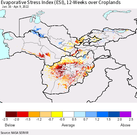Central Asia Evaporative Stress Index (ESI), 12-Weeks over Croplands Thematic Map For 4/4/2022 - 4/10/2022
