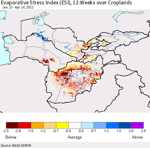 Central Asia Evaporative Stress Index (ESI), 12-Weeks over Croplands Thematic Map For 4/11/2022 - 4/17/2022