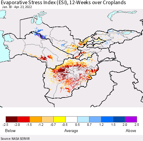 Central Asia Evaporative Stress Index (ESI), 12-Weeks over Croplands Thematic Map For 4/18/2022 - 4/24/2022