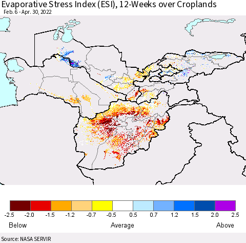 Central Asia Evaporative Stress Index (ESI), 12-Weeks over Croplands Thematic Map For 4/25/2022 - 5/1/2022
