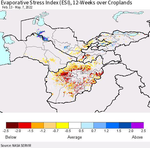 Central Asia Evaporative Stress Index (ESI), 12-Weeks over Croplands Thematic Map For 5/2/2022 - 5/8/2022