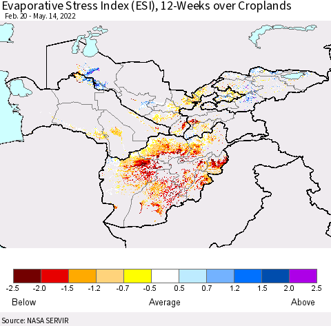 Central Asia Evaporative Stress Index (ESI), 12-Weeks over Croplands Thematic Map For 5/9/2022 - 5/15/2022