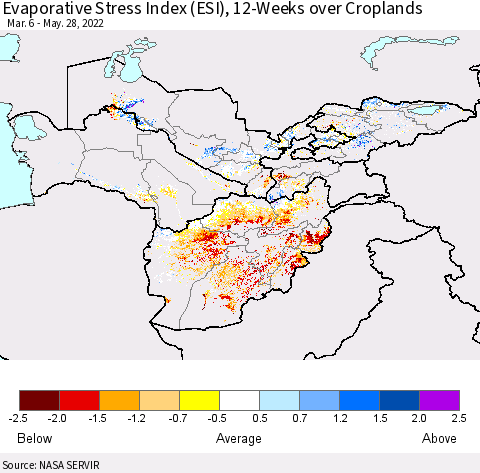 Central Asia Evaporative Stress Index (ESI), 12-Weeks over Croplands Thematic Map For 5/23/2022 - 5/29/2022