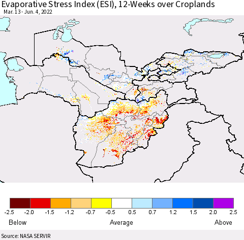 Central Asia Evaporative Stress Index (ESI), 12-Weeks over Croplands Thematic Map For 5/30/2022 - 6/5/2022