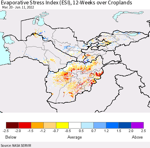 Central Asia Evaporative Stress Index (ESI), 12-Weeks over Croplands Thematic Map For 6/6/2022 - 6/12/2022