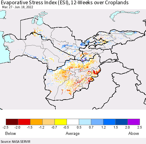 Central Asia Evaporative Stress Index (ESI), 12-Weeks over Croplands Thematic Map For 6/13/2022 - 6/19/2022