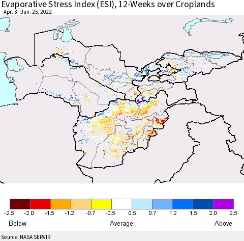 Central Asia Evaporative Stress Index (ESI), 12-Weeks over Croplands Thematic Map For 6/20/2022 - 6/26/2022