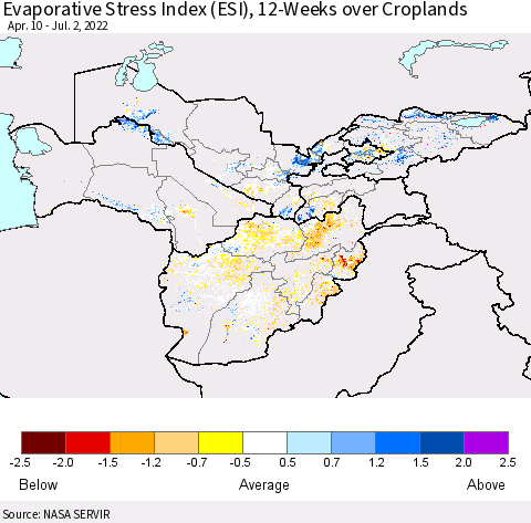 Central Asia Evaporative Stress Index (ESI), 12-Weeks over Croplands Thematic Map For 6/27/2022 - 7/3/2022