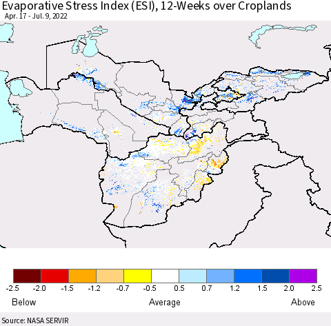 Central Asia Evaporative Stress Index (ESI), 12-Weeks over Croplands Thematic Map For 7/4/2022 - 7/10/2022