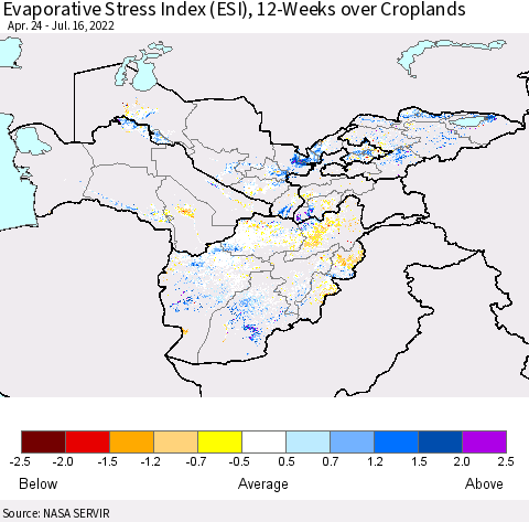 Central Asia Evaporative Stress Index (ESI), 12-Weeks over Croplands Thematic Map For 7/11/2022 - 7/17/2022