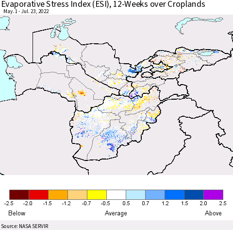 Central Asia Evaporative Stress Index (ESI), 12-Weeks over Croplands Thematic Map For 7/18/2022 - 7/24/2022
