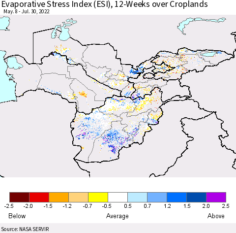 Central Asia Evaporative Stress Index (ESI), 12-Weeks over Croplands Thematic Map For 7/25/2022 - 7/31/2022