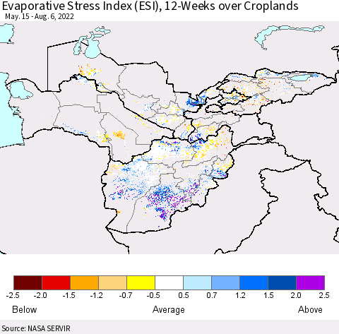 Central Asia Evaporative Stress Index (ESI), 12-Weeks over Croplands Thematic Map For 8/1/2022 - 8/7/2022